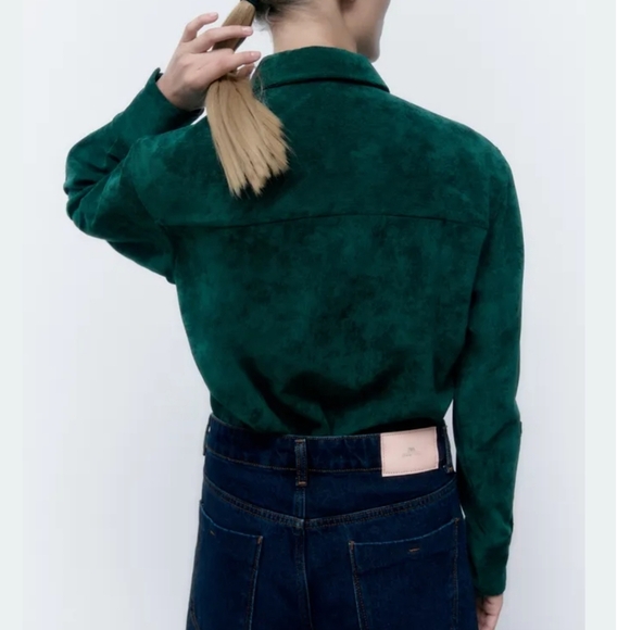 ZARA, Hunter Green Fine Waled Oversized Corduroy Button Front Shirt, Size Small - Picture 3 of 13